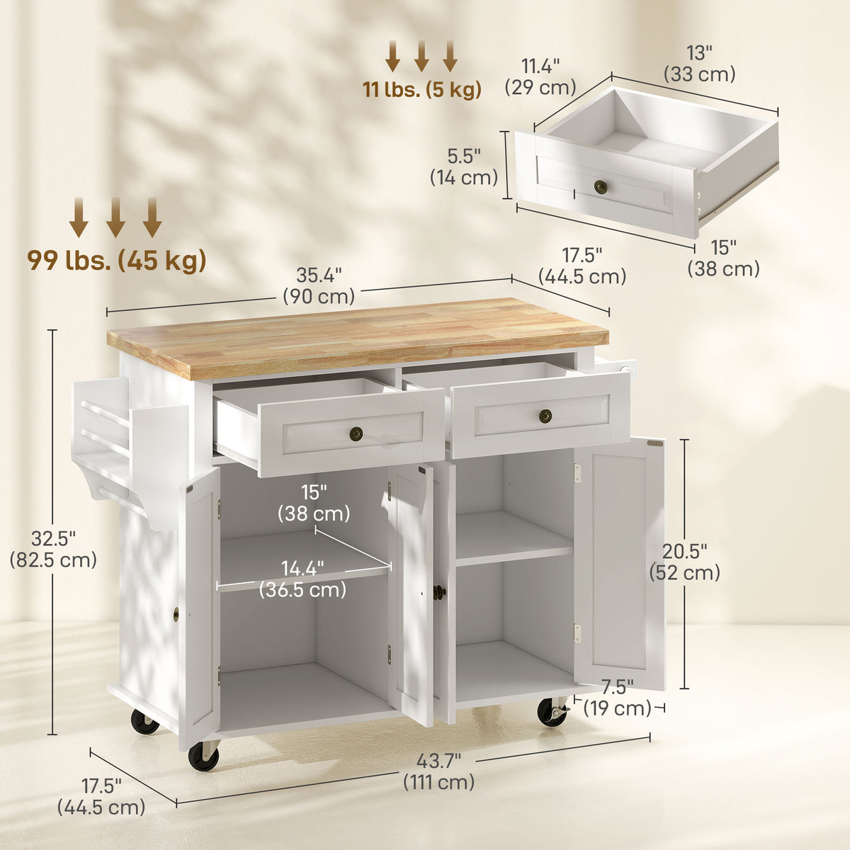 Kitchen Island with Storage, Rolling Trolley Cart with Rubber Wood Top, Spice Rack, Towel Rack, Brown Oak – view 37