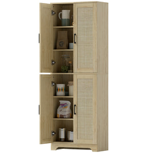 67" Tall Kitchen Pantry, Freestanding Kitchen Storage Cabinet with 4 Rattan Doors and Adjustable Shelves