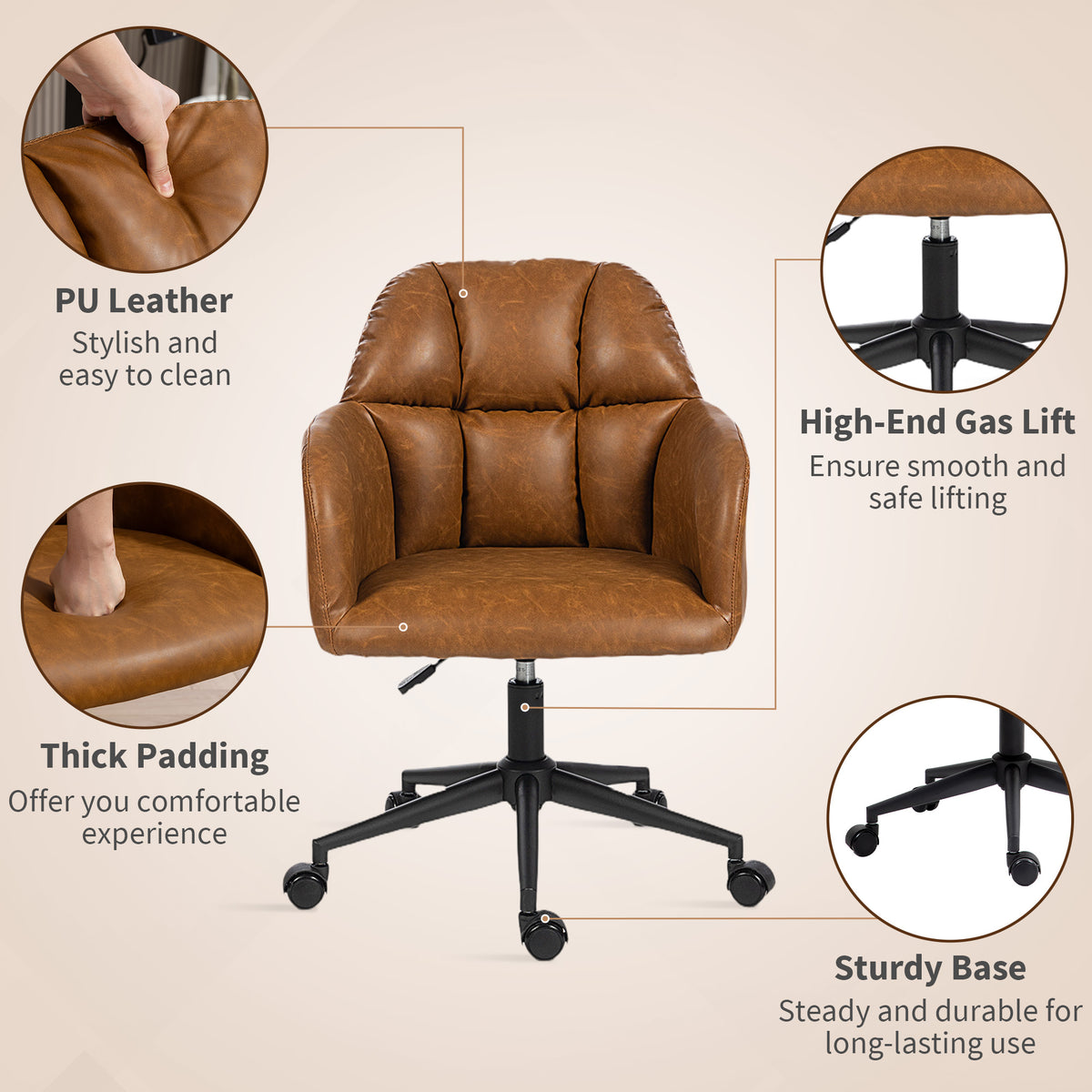 Swivel Office Chair, Faux Leather Desk Chair with Adjustable Height for Living Room, Bedroom, Study, Brown