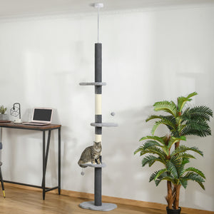 88.5"-100.5" Floor to Ceiling Cat Tree, Cat Tower with Scratching Posts, Cloud Shaped Platforms, Dangling Balls, Cream