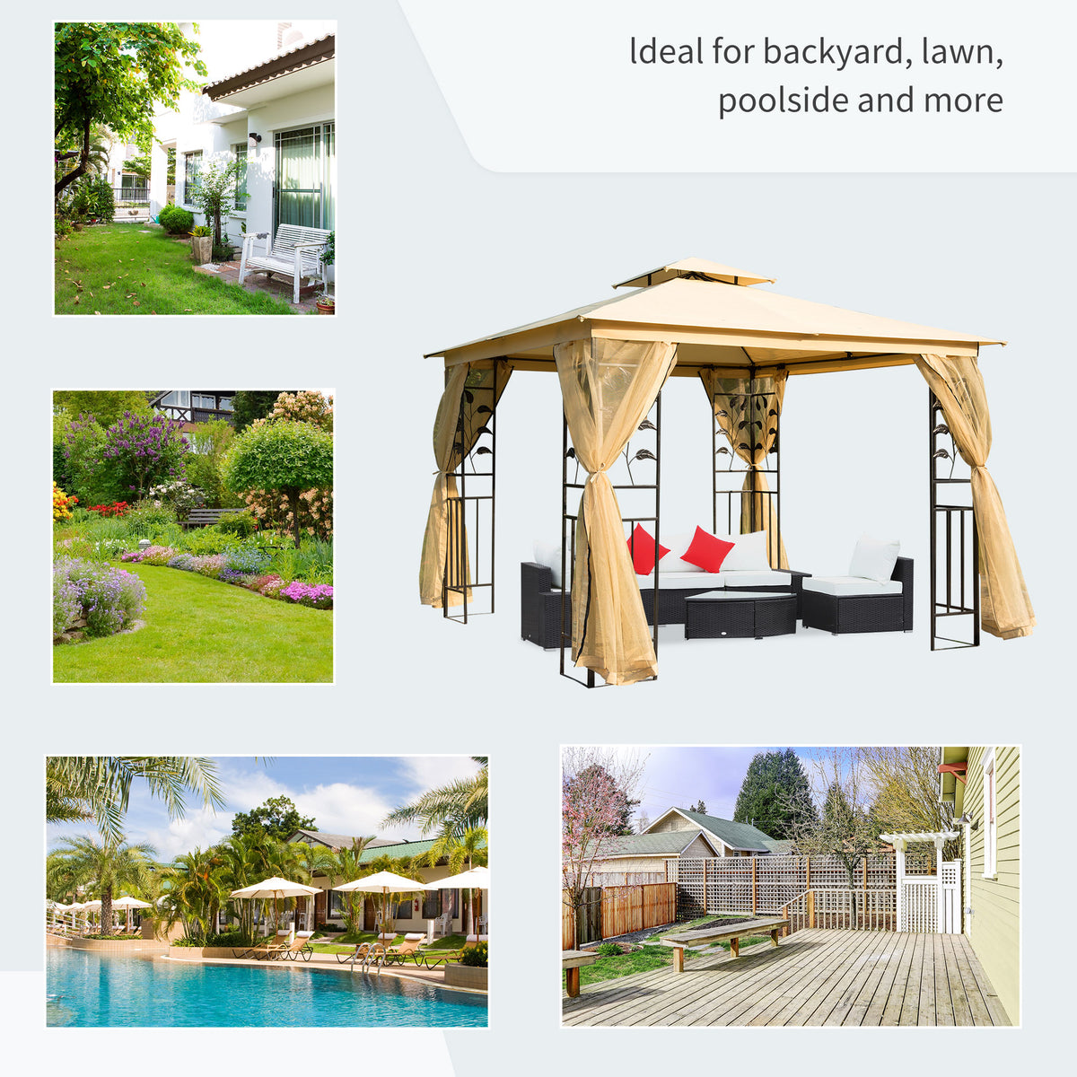 10'x10' Soft-top Steel Patio Gazebo Outdoor Sun Shelter with 2-Tier Polyester Roof, Curtain Sidewalls, Beige – view 6