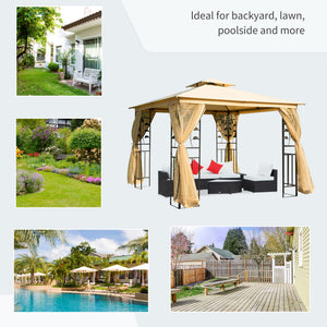 10'x10' Soft-top Steel Patio Gazebo Outdoor Sun Shelter with 2-Tier Polyester Roof, Curtain Sidewalls, Beige – view 6
