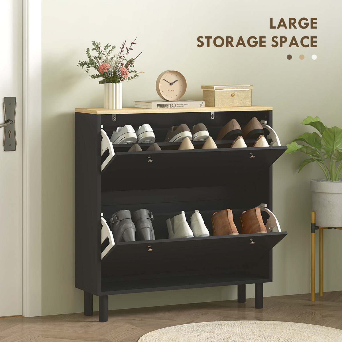 2 Drawers Shoe Storage Cabinet with Adjustable Shelves for 16 Pairs of Shoes, Black – view 3