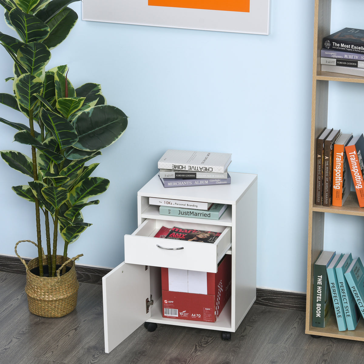 24" Small Filing Cabinet with Open Compartment, Drawer and Wheels, Home Office Storage Cabinet, White