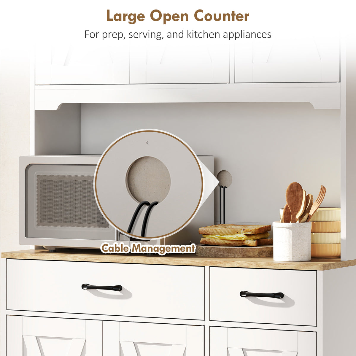 Tall Kitchen Pantry, 6 Doors, 2 Drawers, Adjustable Shelves & Worktop, Rustic Storage Cabinet for Living Room White