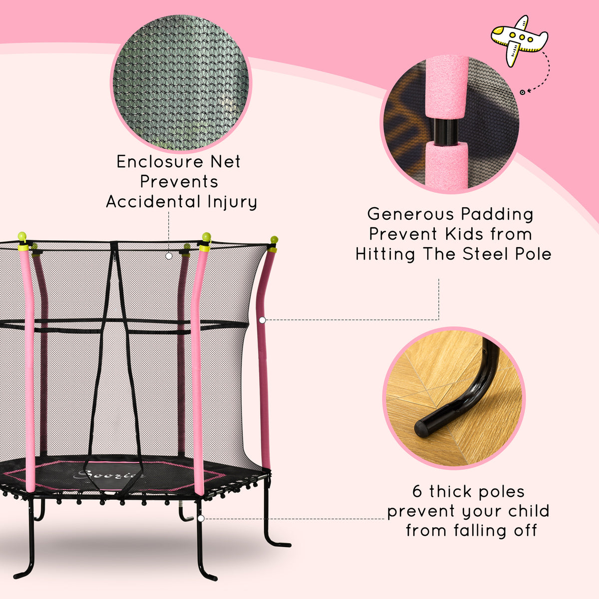 Soozier 63" Kids Trampoline Mini Indoor Bouncer Jumper with Enclosure Net Elastic Thick Padded Pole Gift for Child Toddler Age 3-6 Years Old