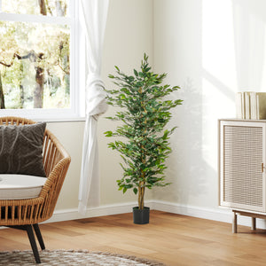 5FT Artificial Ficus Tree, Fake Tree with Leaves, Faux Plant in Nursery Pot for Indoor Decoration