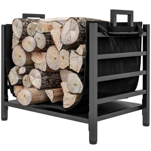 Outdoor Firewood Rack with Log Carrier, Heavy Duty Steel Wood Log Storage Stacker for Fireplace, Black