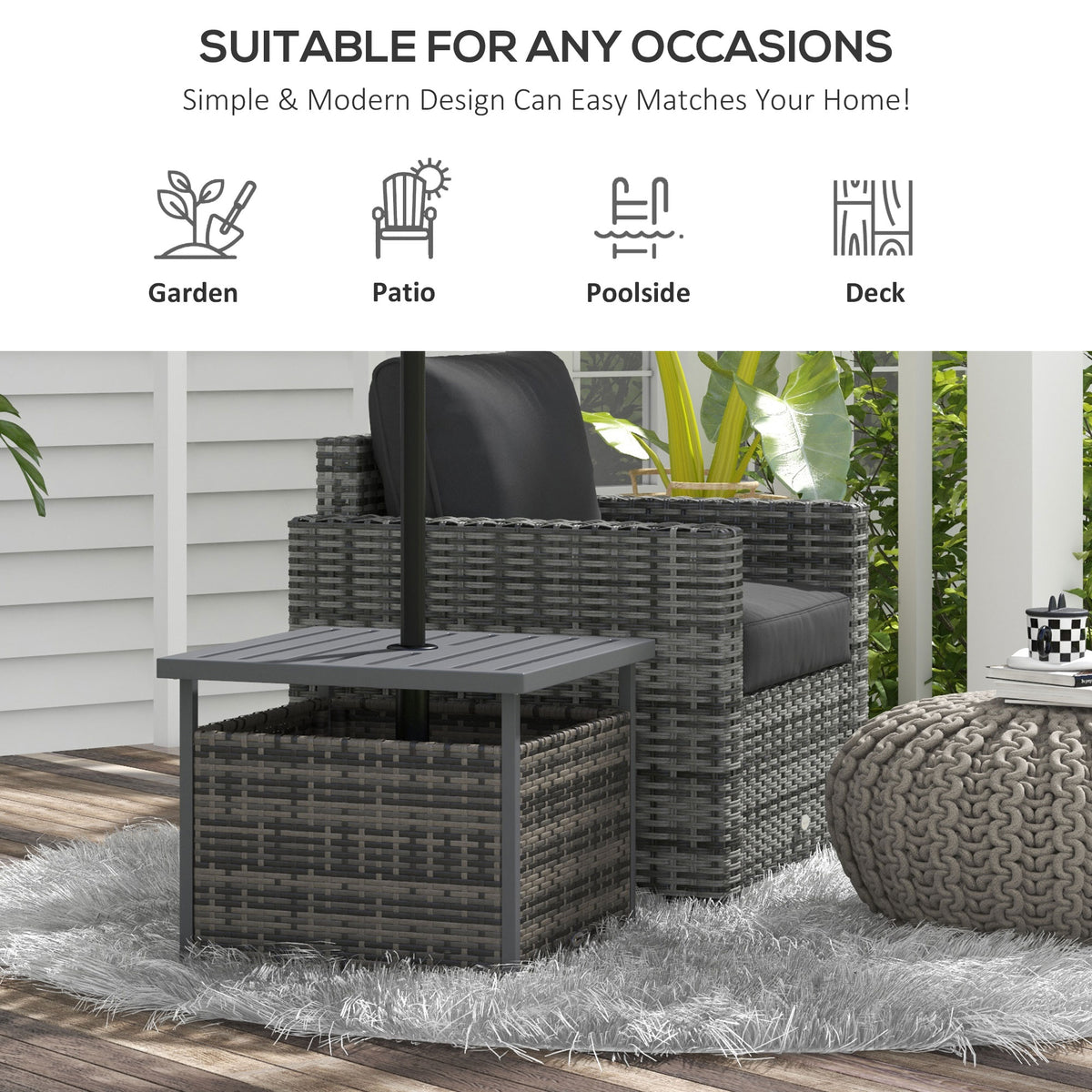 Rattan Coffee Wicker Patio Table w/ Umbrella Hole for Backyard Mixed-Grey