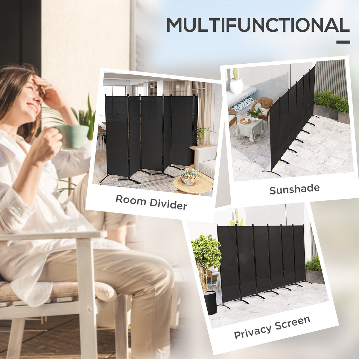 6 Panel Folding Room Divider, UV30+ Privacy Screen, Indoor Outdoor Privacy Panel with Stable Base, Beige – view 10