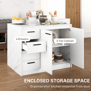 Kitchen Island with Storage Cabinet, 4 Drawers and Adjustable Shelf for Dining Room, Faux Marble Effect and White