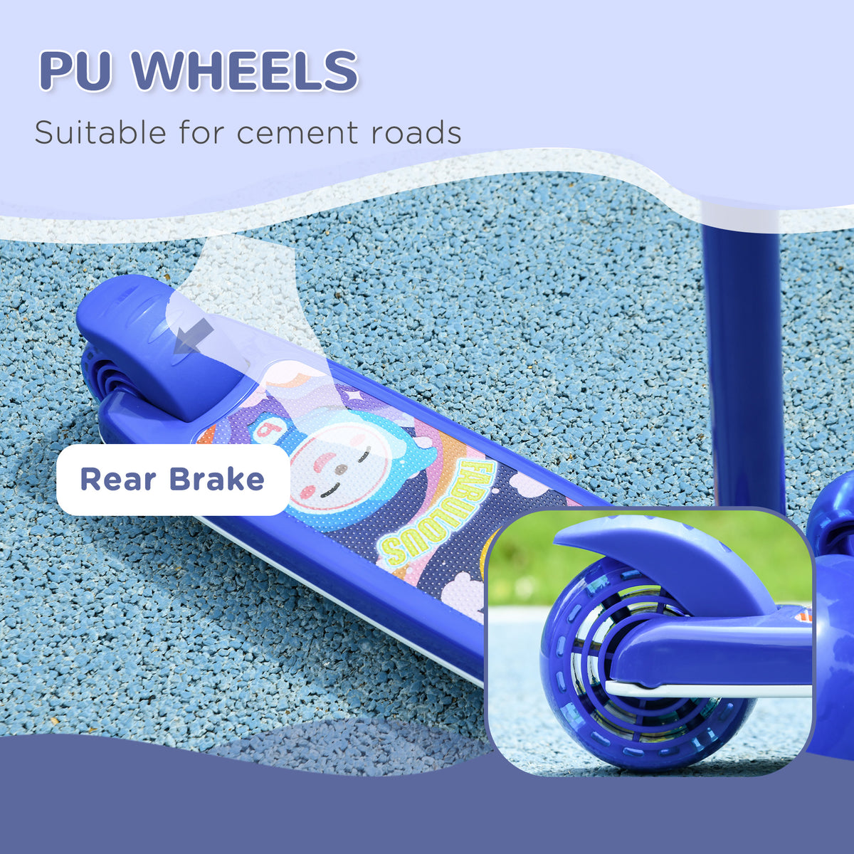Qaba 3 Wheel Kids Scooter, Toddler Kick Scooter with Adjustable Height, Rear-Fender Brake, LED Light, TPE Handlebar