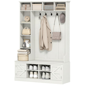 Hall Tree with Bench and Shoe Storage, Entryway Bench with Coat Rack, 12 Shelves, 2 Cabinets, 5 Hooks, White Wood Grain