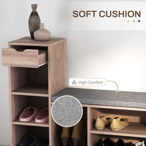 Upholstered Shoe Storage Bench w/ Seat, Entrance Bench w/ Drawer and 6 Open Shelves for Hallway, Grey – view 5