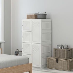 Portable Wardrobe, Foldable Storage Organzier with 5 Compartments, 1 Hanging Rod, Magnet Doors, White