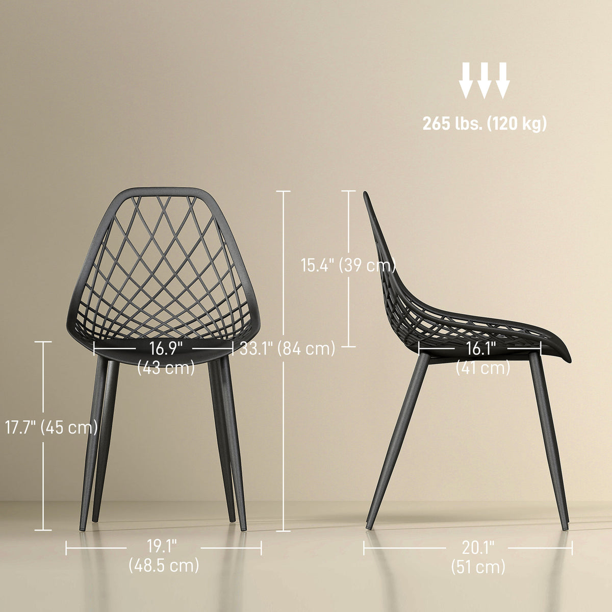 Modern Dining Chairs Set of 4, Plastic Kitchen Chairs with Hollow Backrest and Metal Legs for Living Dining Room, Black