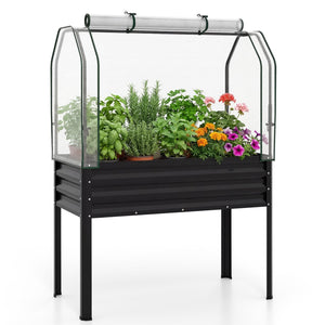 Galvanized Raised Garden Bed with Legs and Greenhouse Cover for Vegetable Flower-Black