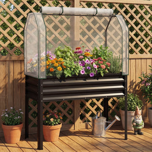 Galvanized Raised Garden Bed with Legs and Greenhouse Cover for Vegetable Flower-Black view 2