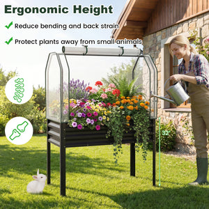 Galvanized Raised Garden Bed with Legs and Greenhouse Cover for Vegetable Flower-Black view 6