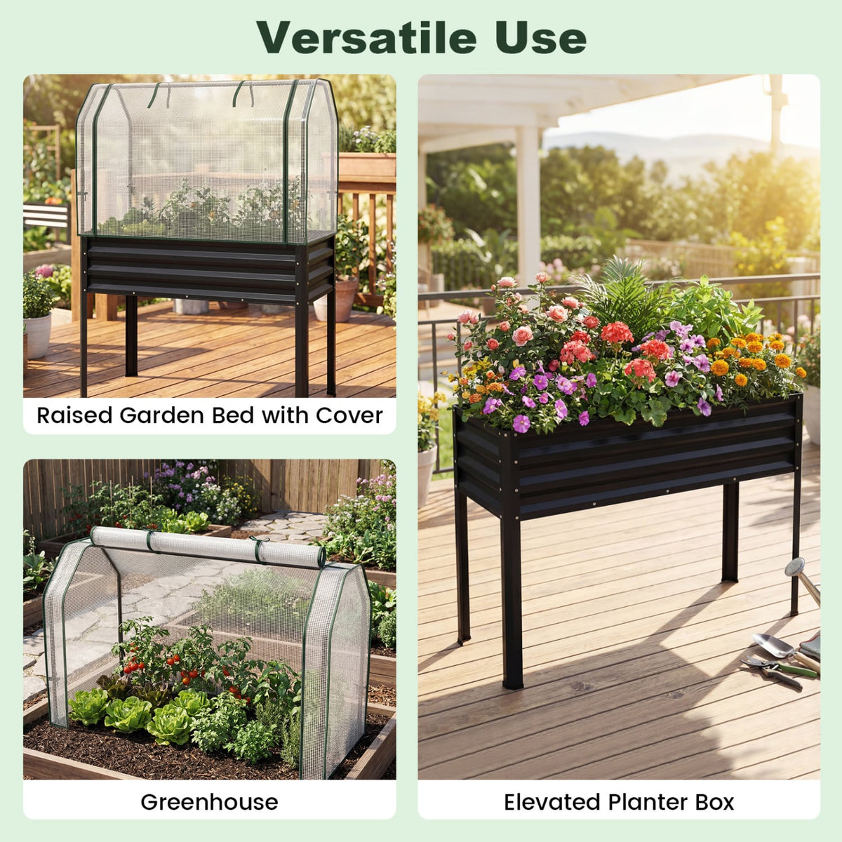 Galvanized Raised Garden Bed with Legs and Greenhouse Cover for Vegetable Flower-Black view 7