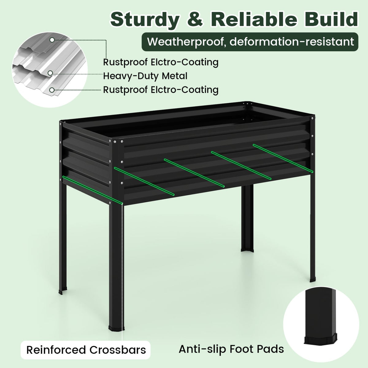 Galvanized Raised Garden Bed with Legs and Greenhouse Cover for Vegetable Flower-Black view 9