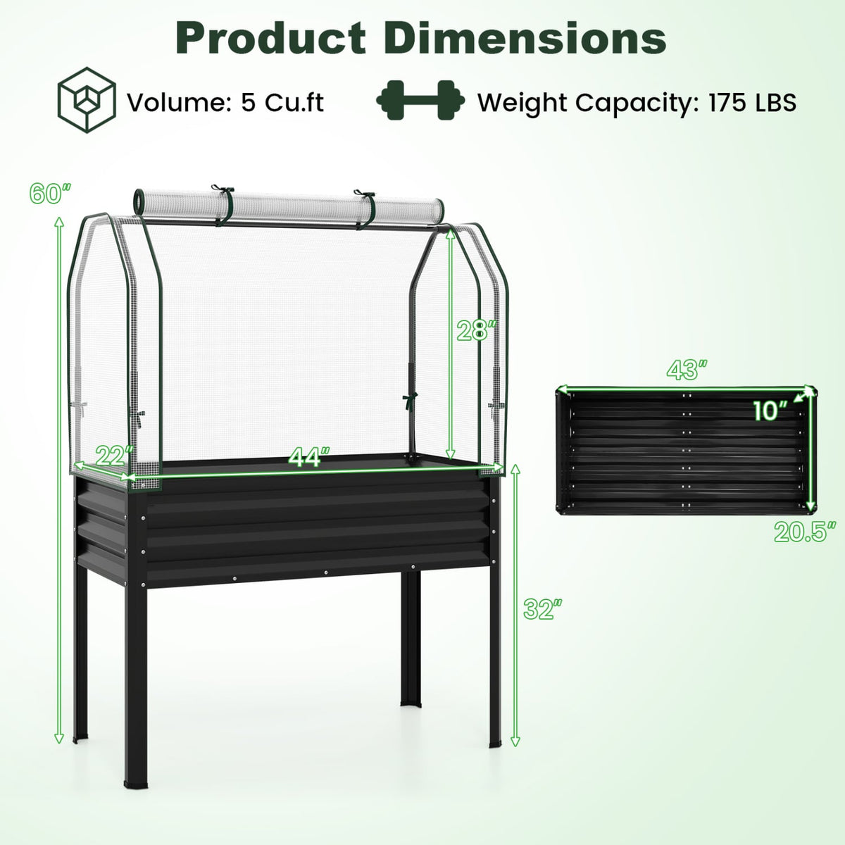 Galvanized Raised Garden Bed with Legs and Greenhouse Cover for Vegetable Flower-Black view 5