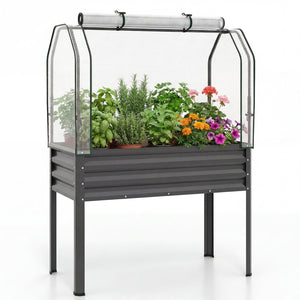 Galvanized Raised Garden Bed with Legs and Greenhouse Cover for Vegetable Flower-Gray