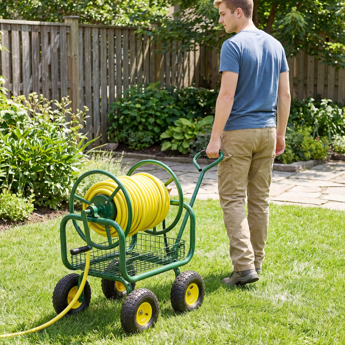 Garden Hose Reel Cart 300 Feet Large Capacity with 4 Wheels and Storage Basket-Green view 2