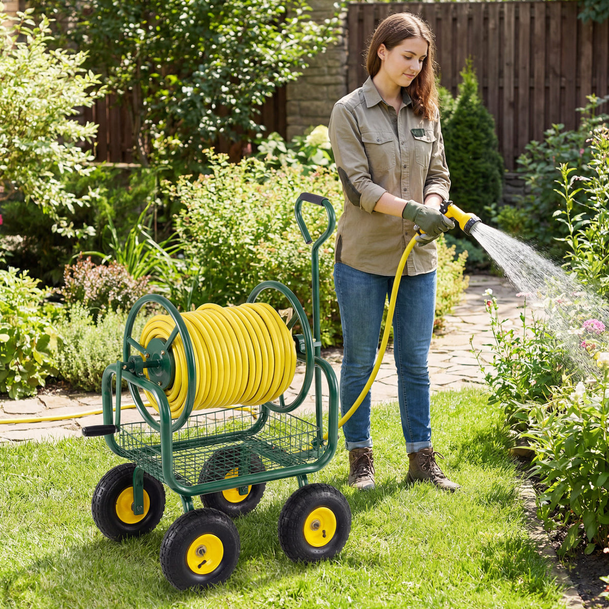 Garden Hose Reel Cart 300 Feet Large Capacity with 4 Wheels and Storage Basket-Green view 3