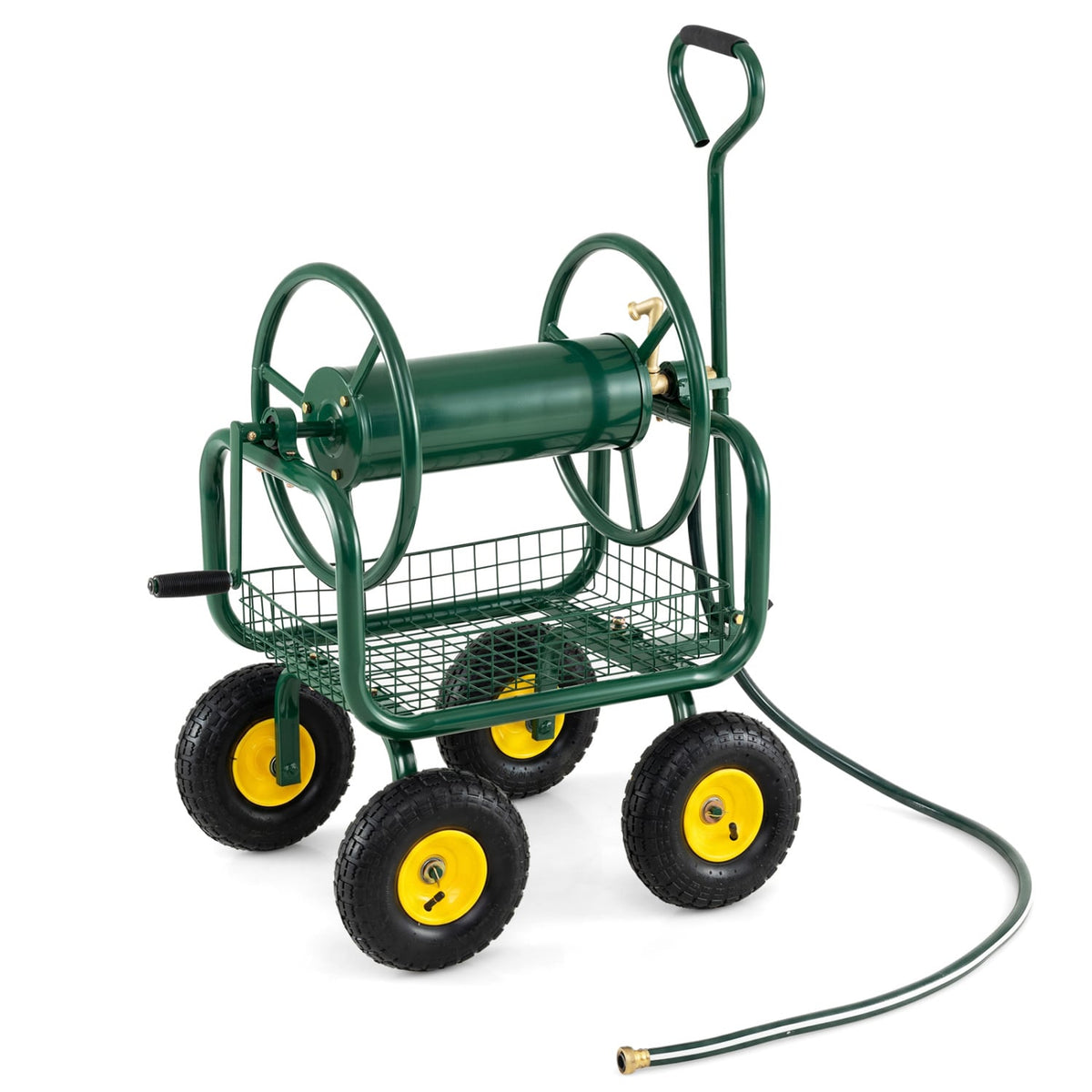 Garden Hose Reel Cart 300 Feet Large Capacity with 4 Wheels and Storage Basket-Green