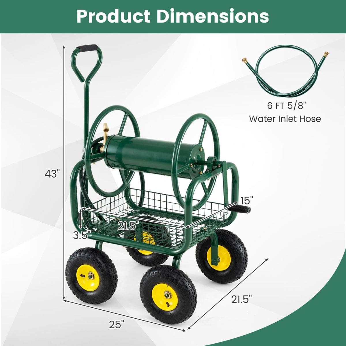 Garden Hose Reel Cart 300 Feet Large Capacity with 4 Wheels and Storage Basket-Green view 5