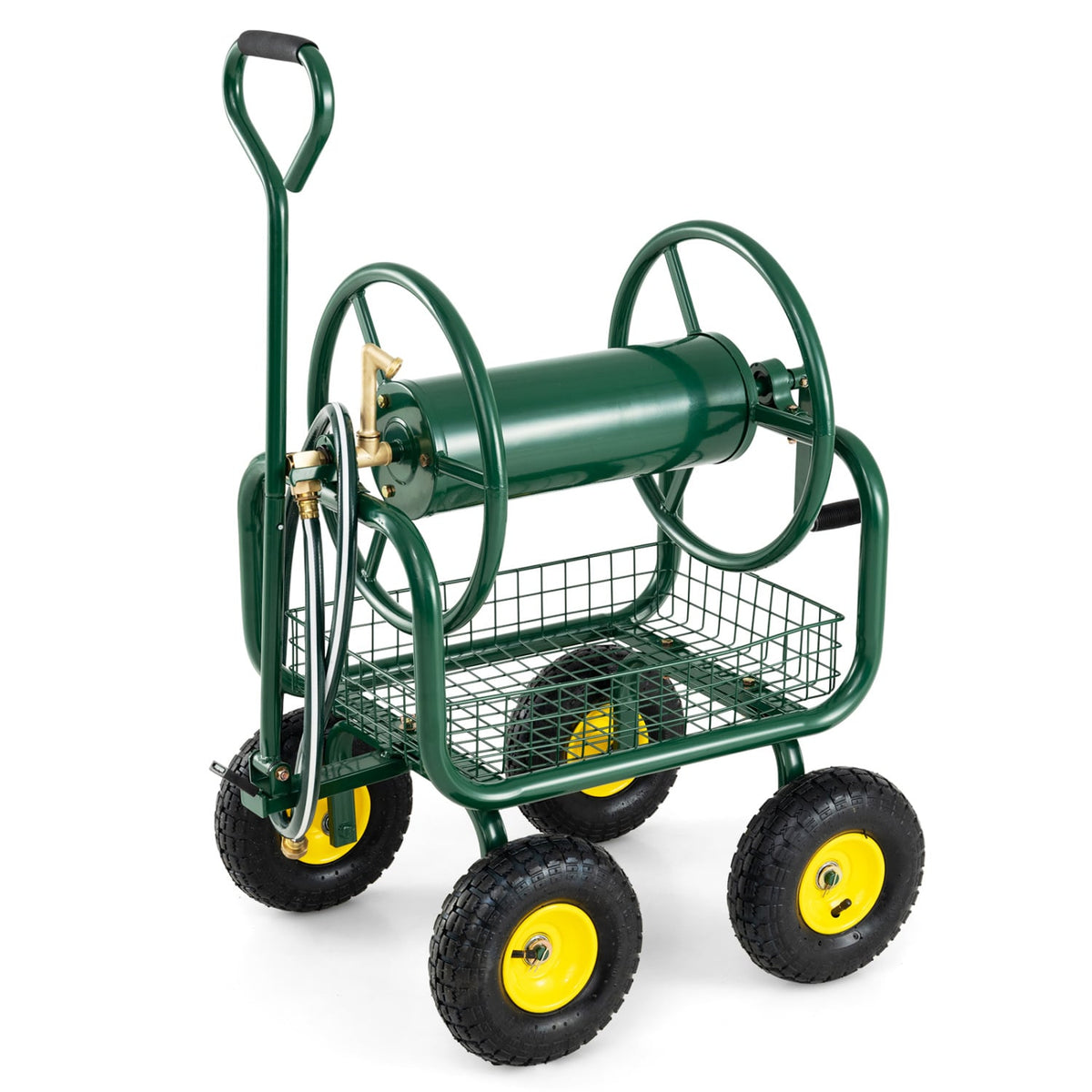 Garden Hose Reel Cart 300 Feet Large Capacity with 4 Wheels and Storage Basket-Green view 6