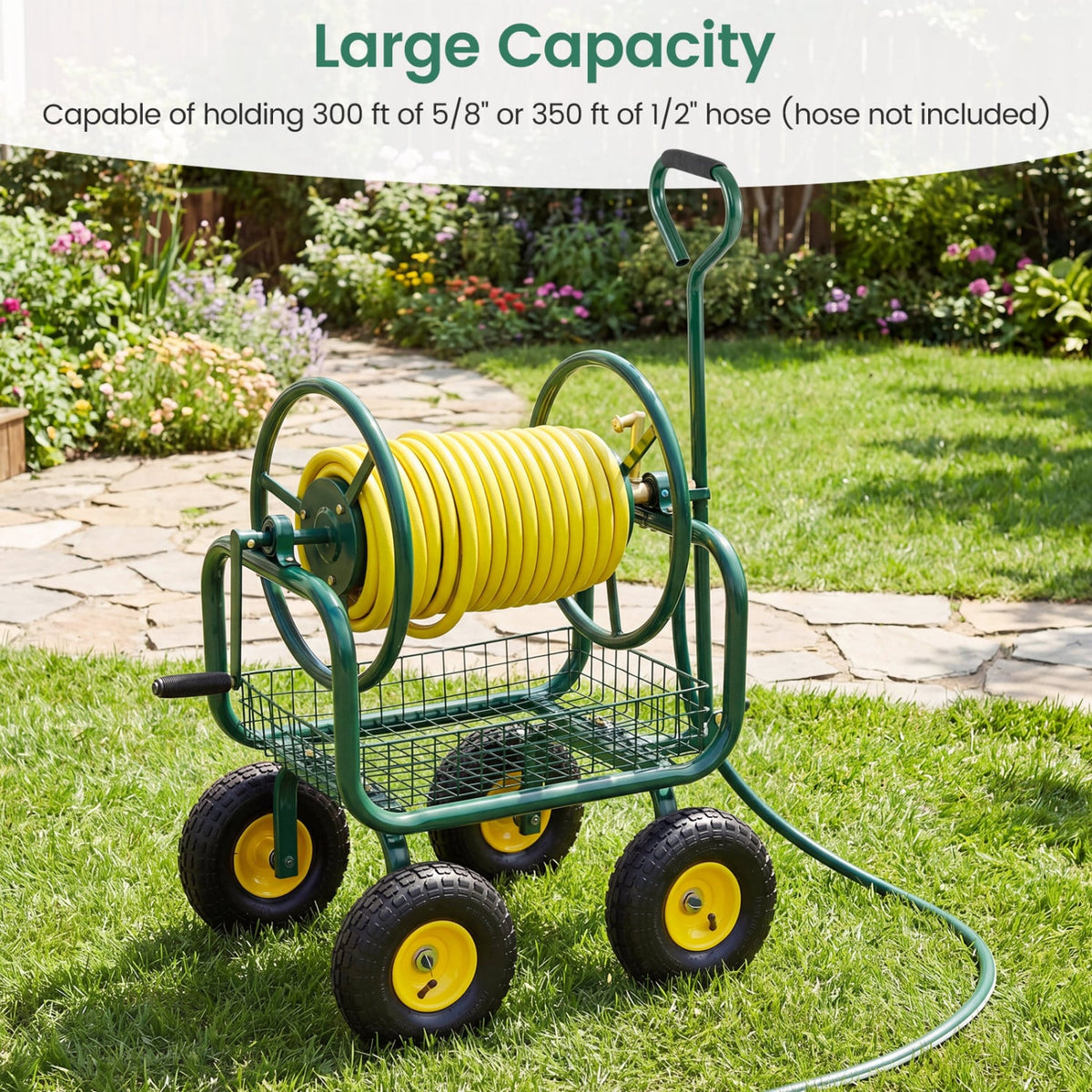 Garden Hose Reel Cart 300 Feet Large Capacity with 4 Wheels and Storage Basket-Green view 7