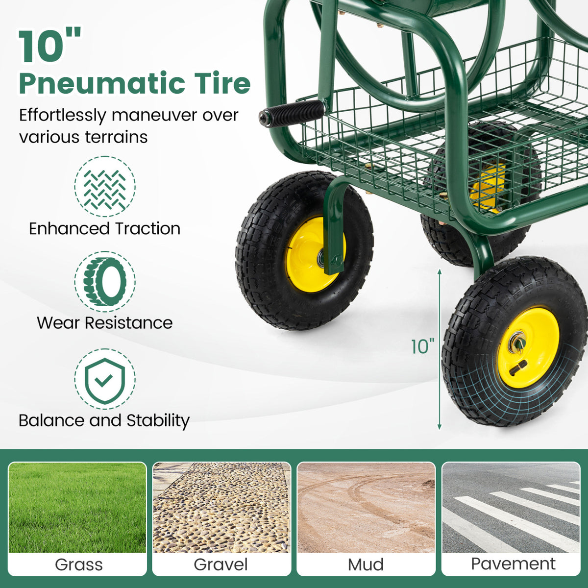 Garden Hose Reel Cart 300 Feet Large Capacity with 4 Wheels and Storage Basket-Green view 8