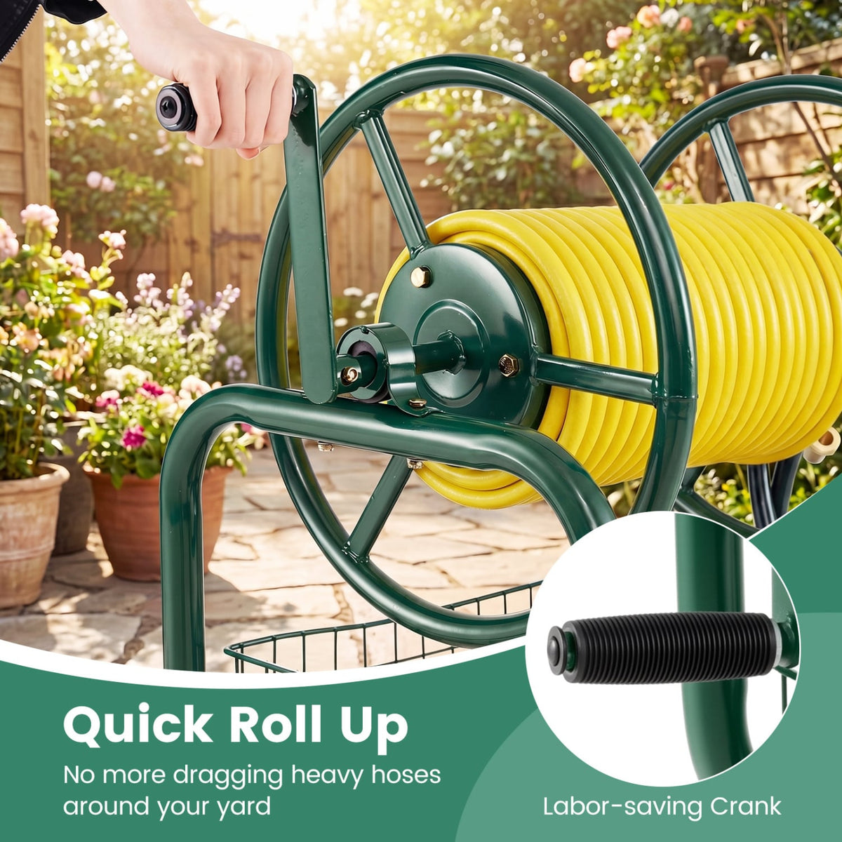 Garden Hose Reel Cart 300 Feet Large Capacity with 4 Wheels and Storage Basket-Green view 9