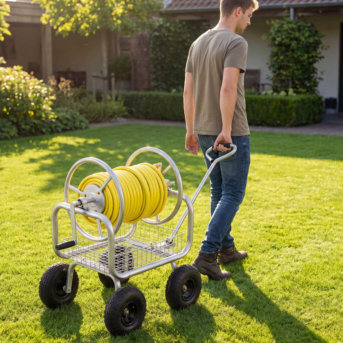 Garden Hose Reel Cart 300 Feet Large Capacity with 4 Wheels and Storage Basket-Silver view 2