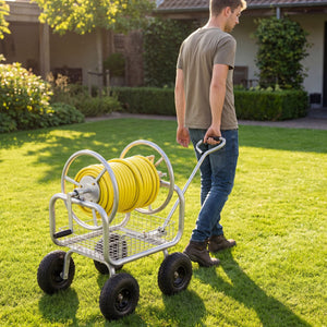 Garden Hose Reel Cart 300 Feet Large Capacity with 4 Wheels and Storage Basket-Silver view 2