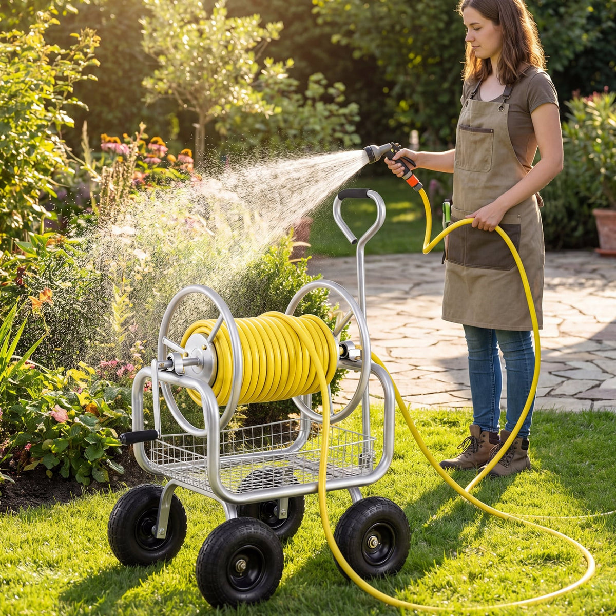 Garden Hose Reel Cart 300 Feet Large Capacity with 4 Wheels and Storage Basket-Silver view 3
