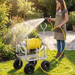 Garden Hose Reel Cart 300 Feet Large Capacity with 4 Wheels and Storage Basket-Silver view 3