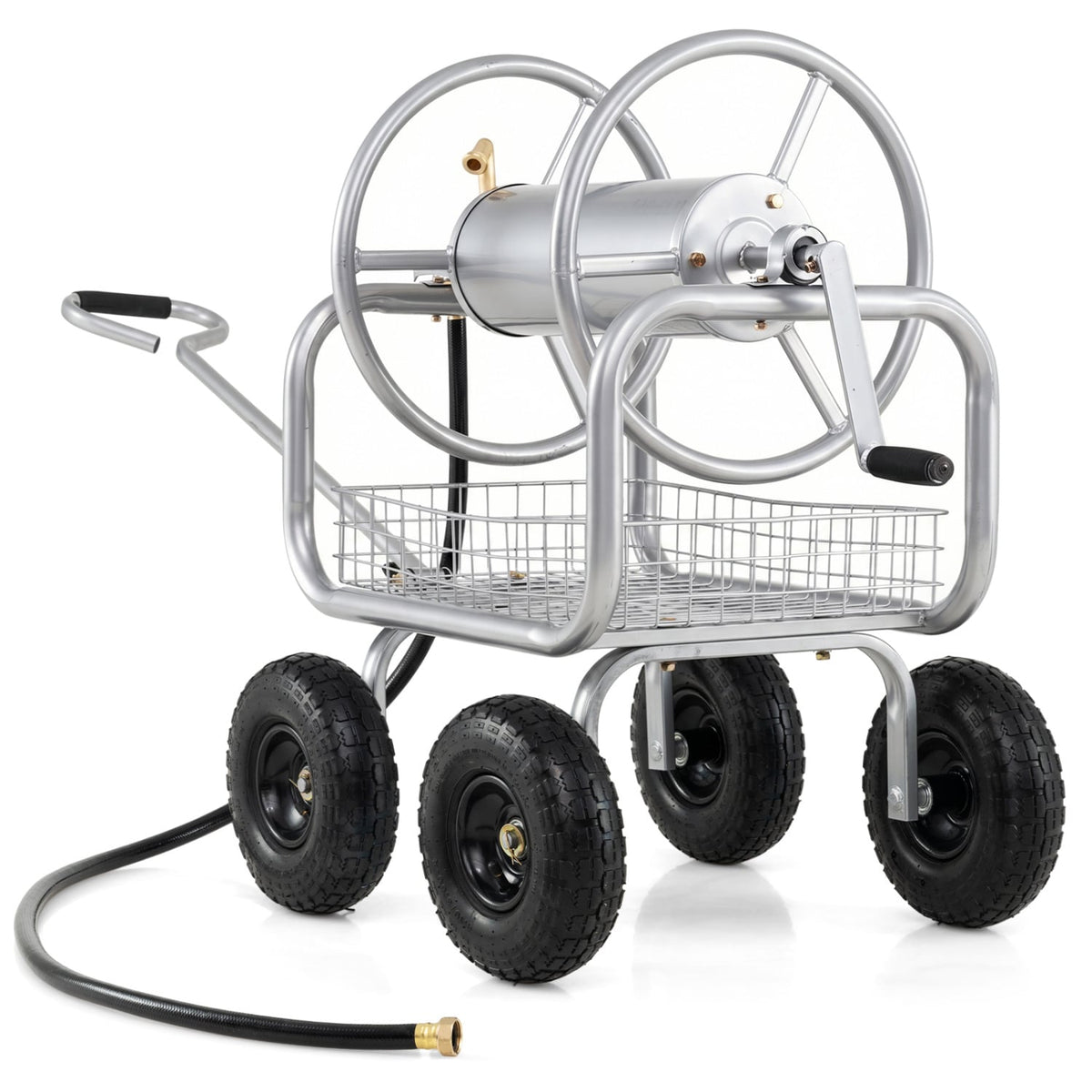 Garden Hose Reel Cart 300 Feet Large Capacity with 4 Wheels and Storage Basket-Silver view 4