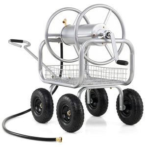 Garden Hose Reel Cart 300 Feet Large Capacity with 4 Wheels and Storage Basket-Silver view 4