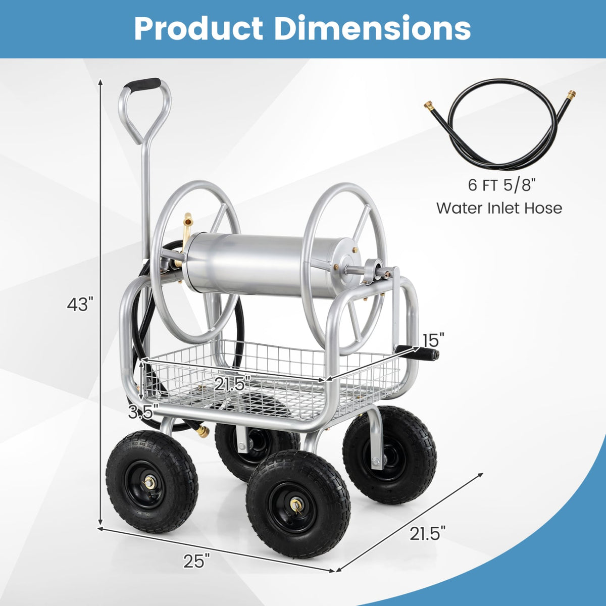 Garden Hose Reel Cart 300 Feet Large Capacity with 4 Wheels and Storage Basket-Silver view 5