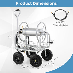 Garden Hose Reel Cart 300 Feet Large Capacity with 4 Wheels and Storage Basket-Silver view 5
