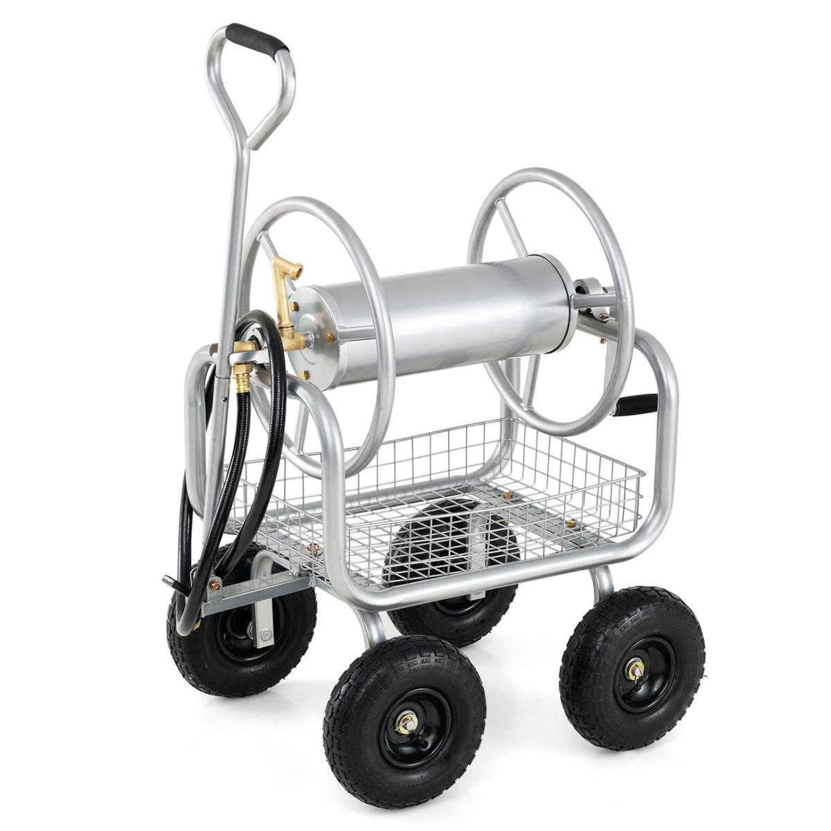 Garden Hose Reel Cart 300 Feet Large Capacity with 4 Wheels and Storage Basket-Silver view 6