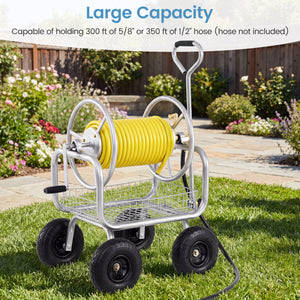 Garden Hose Reel Cart 300 Feet Large Capacity with 4 Wheels and Storage Basket-Silver view 7