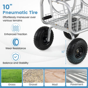 Garden Hose Reel Cart 300 Feet Large Capacity with 4 Wheels and Storage Basket-Silver view 8