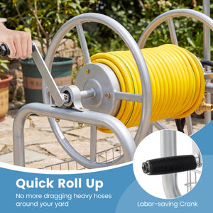 Garden Hose Reel Cart 300 Feet Large Capacity with 4 Wheels and Storage Basket-Silver view 9