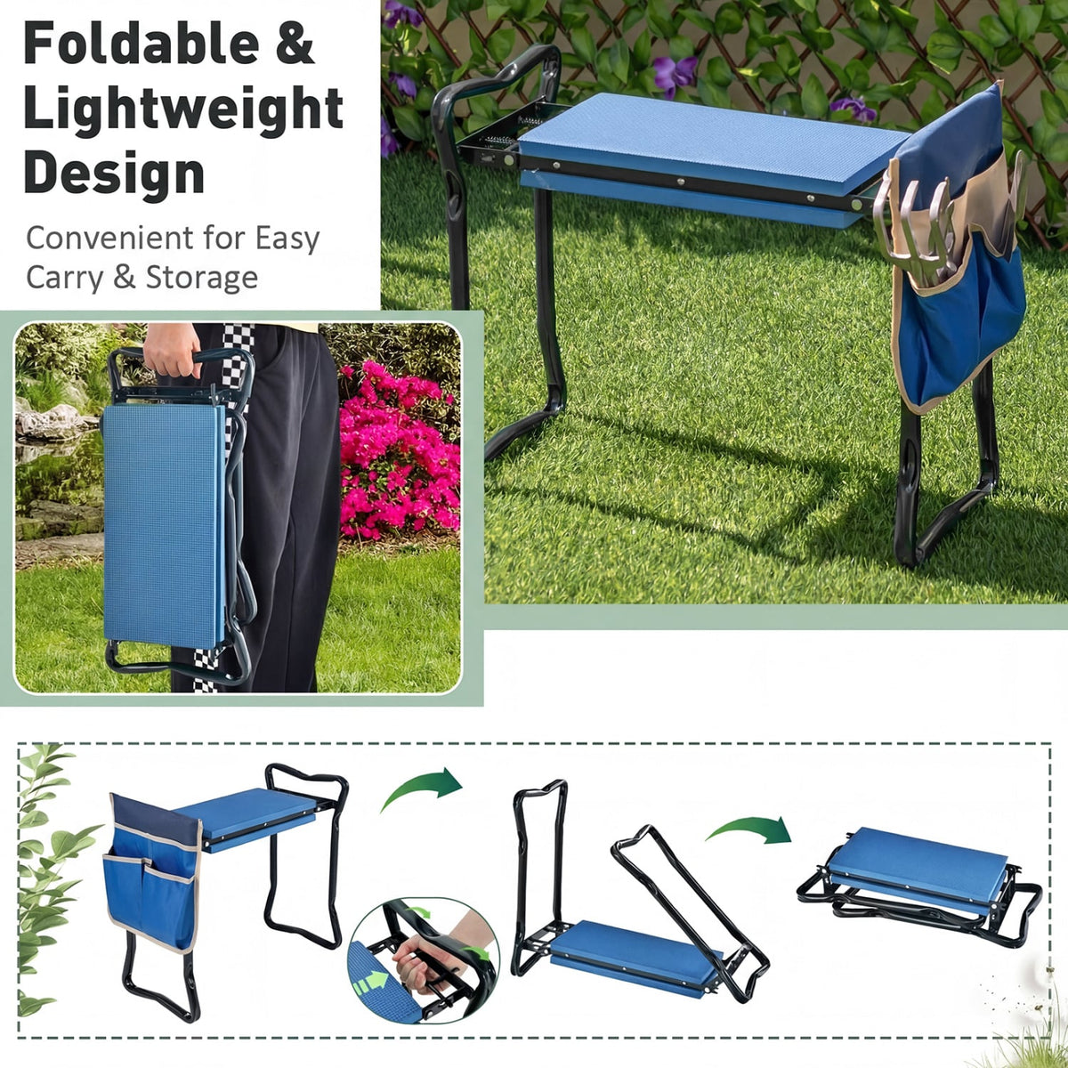 Garden Kneeler and Seat Folding Sturdy Gardening Stool-Blue view 7