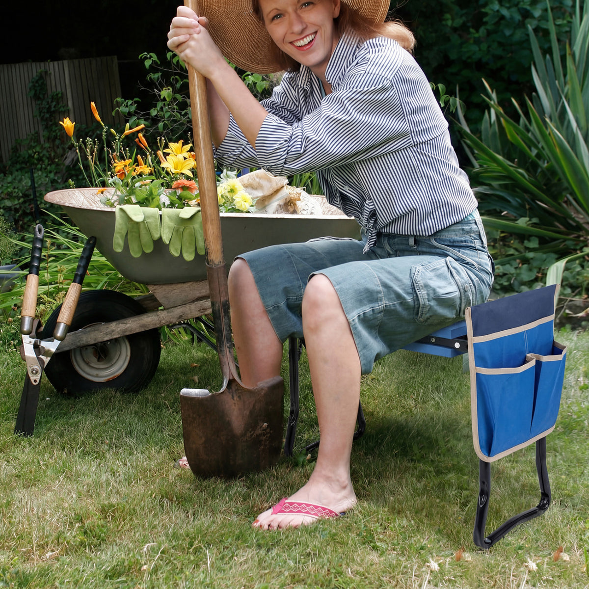 Garden Kneeler and Seat Folding Sturdy Gardening Stool-Blue view 2