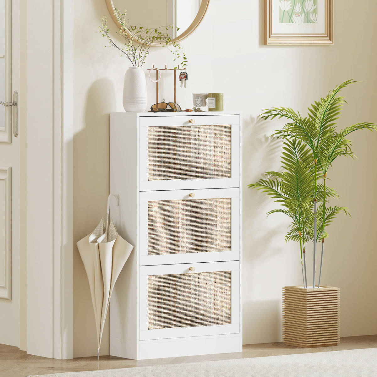 Rattan Shoe Storage Cabinet with 3 Flip Drawers and Adjustable Shelves, Entryway Shoe Cabinet for 18 Pairs – view 21